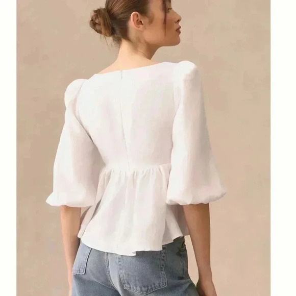 NWT Reformation Abigail White 100% Linen Puff Sleeve Prairie Blouse Top Size 10 - Picture 3 of 10